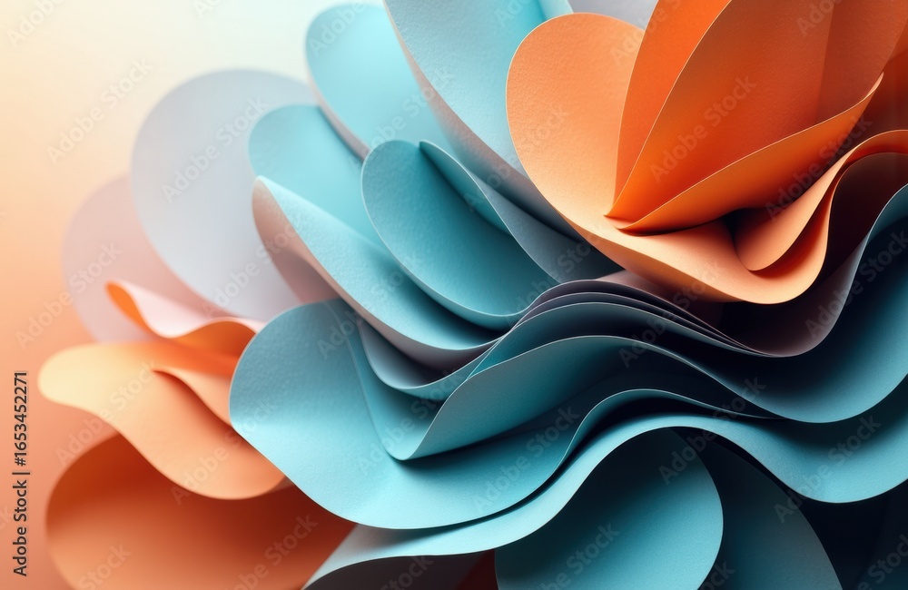 Poster colorful paper art with layered curled shapes creating a dynamic abstract design