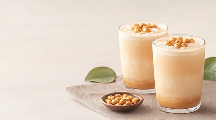 Two tall glasses of creamy peanut butter milkshake topped with nuts