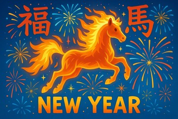 Fiery horse illustration for chinese new year 2026 with vibrant fireworks background. concept of zodiac celebrations, lunar festivities, year of the horse