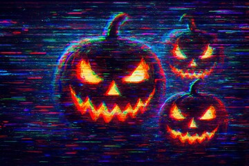 Glowing jack-o-lanterns with spooky faces on distorted halloween background. concept of scary halloween night, eerie atmosphere, creepy pumpkins