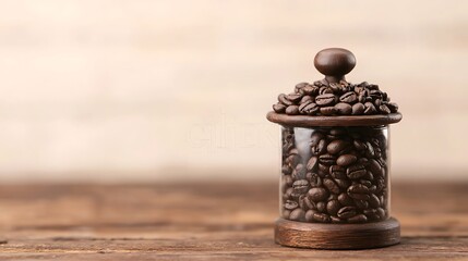 Decorative coffee bean container on wooden surface
