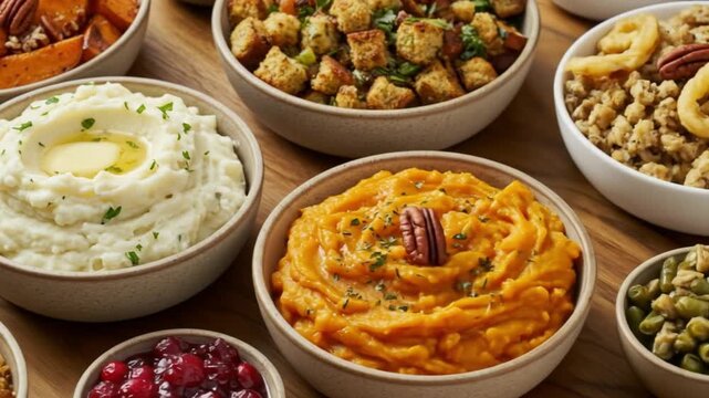 A variety of thanksgiving dishes including mashed potatoes, sweet potatoes, and cranberry sauce bowls