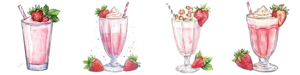 Four illustrated strawberry milkshakes in glasses, decorated with strawberries, mint leaves, and whipped cream.