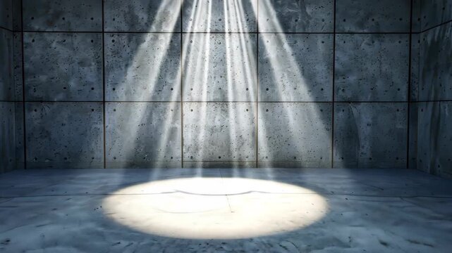 Spotlight in the Chamber: Dramatic beams of light pierce through the dimness, illuminating an empty chamber's textured walls and floor with captivating highlights and shadows.