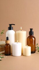 Spa products arranged on beige background