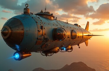 Retro-futuristic steampunk dirigible airship flies at sunset over mountains and ocean. Riveted metal hull, blue and brass colors, glowing blue engines. Victorian sci-fi fantasy air travel.