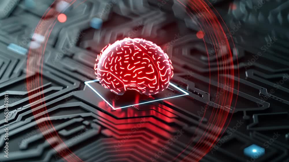 Aufkleber brain on circuit: a digital representation of a human brain is super imposed on a detailed circuit b
