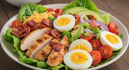 Delicious grilled chicken salad with avocado, bacon, eggs, and cheese.