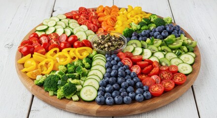 Colorful vegetable and fruit platter arranged in a circular design on a wooden board.