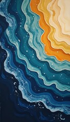 A painting of a blue and orange wave pattern on a black background.