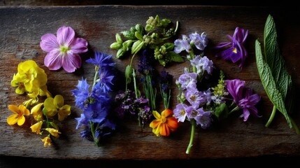 Edible Flower Arrangement on Rustic Wood
