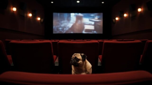 A pug sitting in an empty movie theater watching the screen with red seats and dim lighting around it