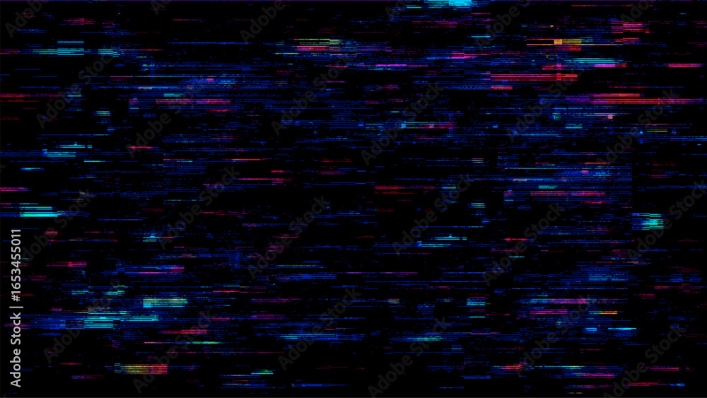 Poster vibrant glitched digital noise background. abstract colorful pixelated horizontal lines on black scr