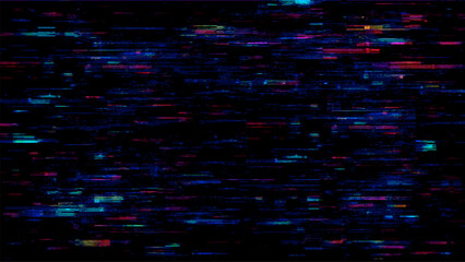 Vibrant glitched digital noise background. Abstract colorful pixelated horizontal lines on black screen. Data stream error concept.