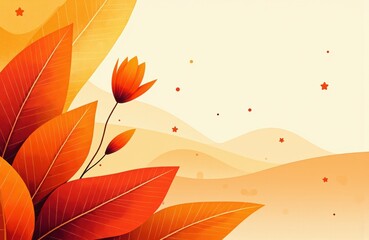 Autumn leaves and flower illustration with warm orange tones and abstract background