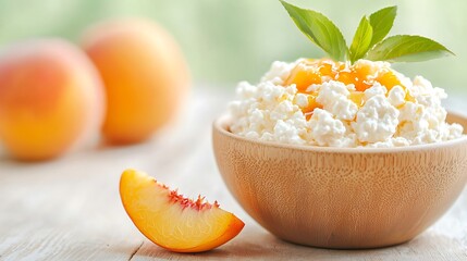 Delicious cottage cheese topped with honey and fresh peaches
