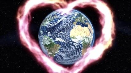 Earth encircled by a heart-shaped fiery aura, symbolizing global love and care. - Powered by Adobe