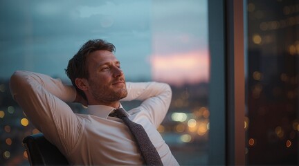 Serene professional relaxes in office chair, gazing out at the city lights through a window after a long day's work, contemplating success.