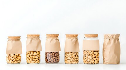 Assortment of nuts and seeds stored in glass jars with paper wrappings