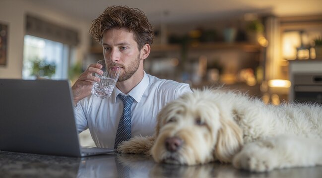 Man drinks water while working on a laptop next to his dog. Focus on work-life balance and mental well-being. - Powered by Adobe