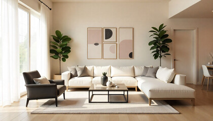 A modern living room featuring a stylish sectional sofa and a black armchair, surrounded by large windows and indoor plants.