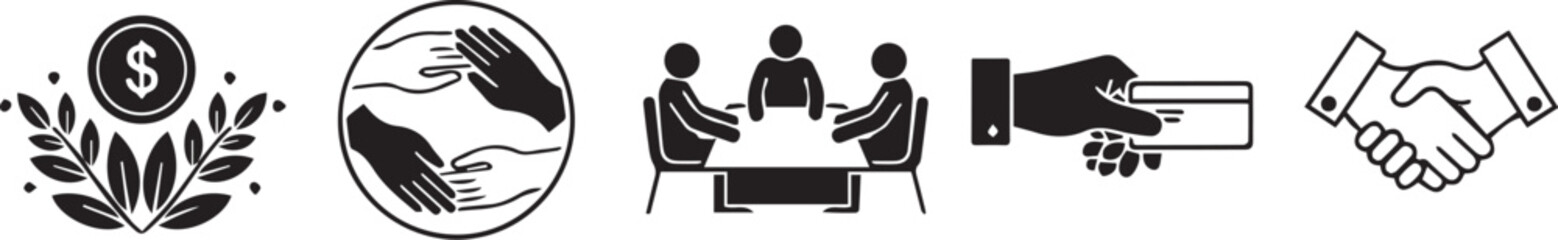 Obraz premium Black and white illustration of business icons showing a team meeting, handshake, payment, and award, representing collaboration, success, and finance.
