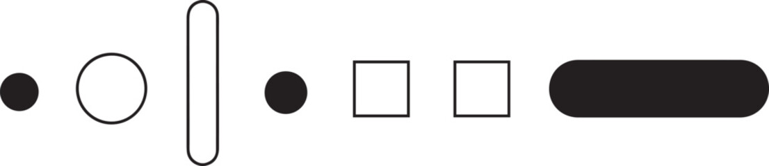 Obraz premium Black and white geometric shapes arranged in a horizontal row against a white background; a simple, flat-lay composition.