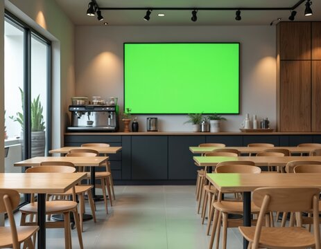 Modern coffee shop interior features clean lines, wood tables, chairs, large green digital display screen. Soft lighting, cosy atmosphere, minimalistic design create stylish, inviting space for