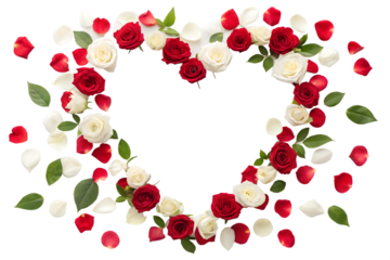 Heart-shaped frame with red and white roses and petals isolated on a transparent background perfect for Valentine's Day or romantic occasions