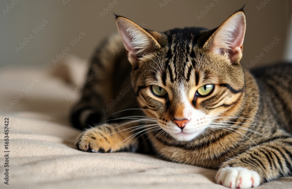 Poster relaxed tabby cat lying on a soft surface with a calm expression and piercing green eyes