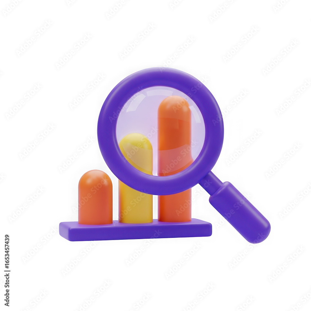 Poster magnifying glass inspecting colorful 3d bar graph data analysis and business growth isolated on tran