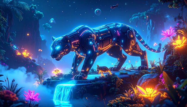 Cyber panther in a fantasy jungle