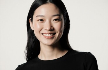 Woman smiling with black hair and a black top on a plain light background