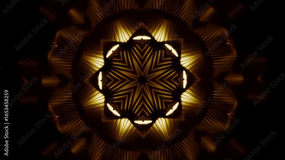 Poster abstract golden kaleidoscopic pattern with radiating lines and geometric shapes against a dark backg