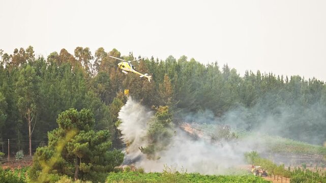 Powerful helicopter dropping water bucket, battling raging forest wildfire, suppressing spreading flames with strategic aerial firefighting maneuver, during Spain wildfire
