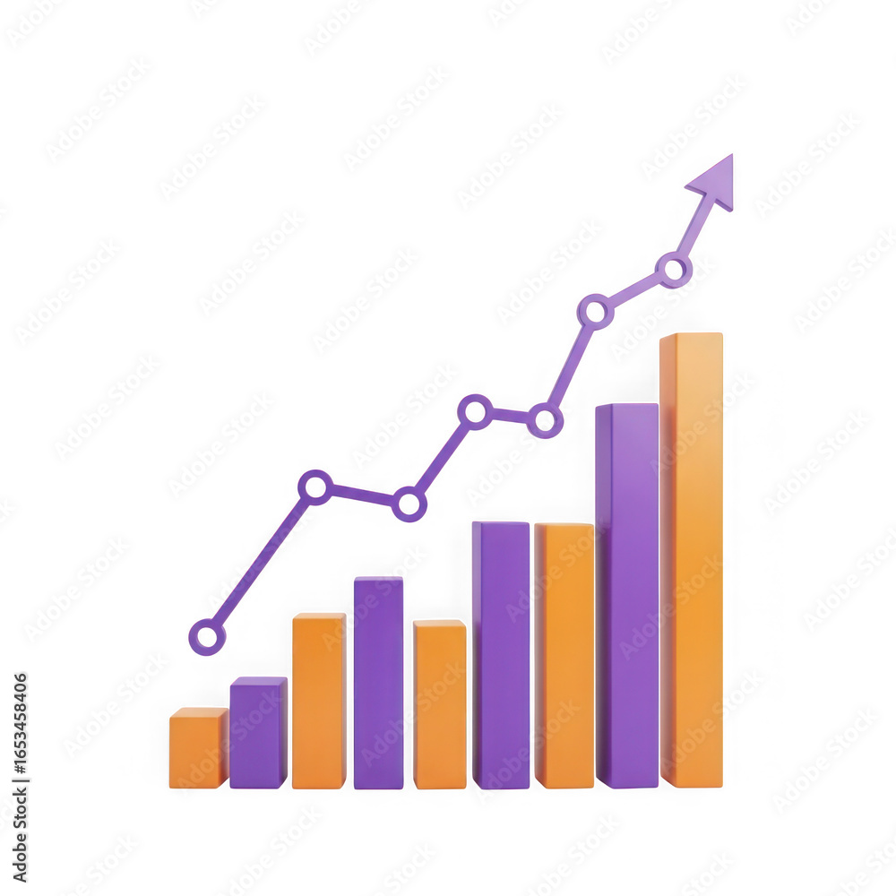 Poster rising bar chart and line graph illustrating upward financial growth and progress isolated on transp