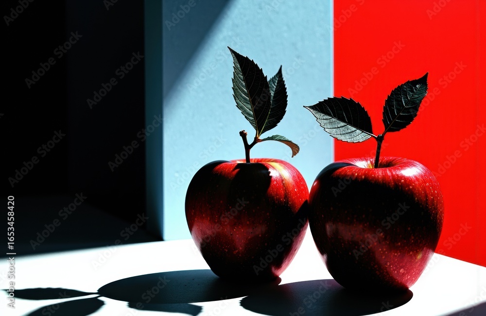Poster two red apples with green leaves sit on a white surface against a colorful background with shadows c