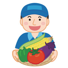 夏野菜を持った麦わら帽子を被った男性