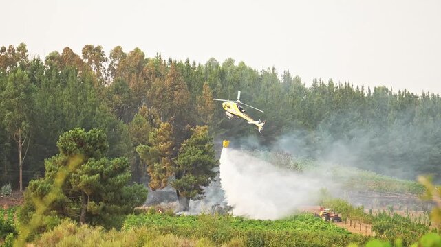 slow motion Aerial firefighting helicopter deploying bambi bucket, dropping water on raging forest fire, battling intense flames and preventing environmental destruction