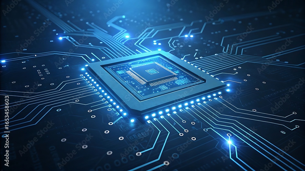 Poster glowing blue circuit board processor microchip technology