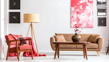 Modern minimalist living room with coral accents