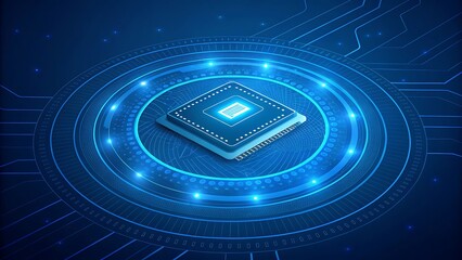 Glowing blue microchip circuit board technology futuristic