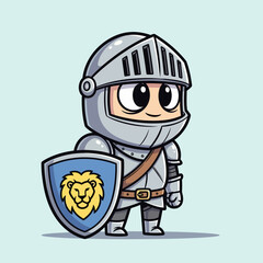 Brave knight cartoon character in shining armor with shield, a symbol of medieval warfare and chivalry, isolated on white background