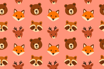 Fototapeta premium Seamless pattern with cute animal faces bear fox raccoon and deer on colorful background
