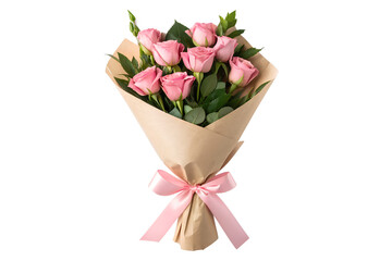 Naklejka premium A beautiful bouquet of delicate pink roses, expertly wrapped in rustic brown paper and tied with a charming pale pink ribbon, presented on a clean white background.