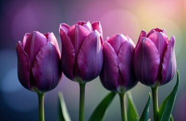 Fototapeta premium Colorful tulips in full bloom with vibrant purple and pink petals against a soft blurred background