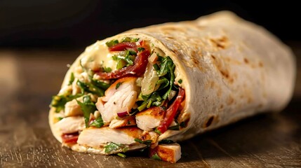 Delicious chicken wrap with fresh greens and sun dried tomatoes