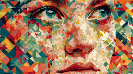 Fototapeta premium Abstract portrait illustration of a woman’s face dissolving into colorful geometric patterns, modern digital art style