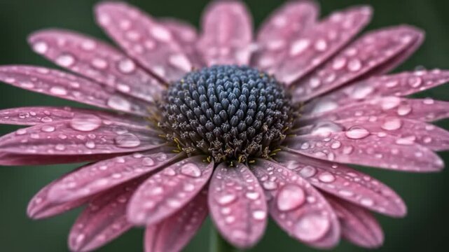 Close up of a pink daisy with a dark center covered in water droplets on its petals in soft focus