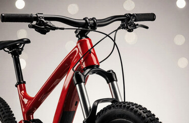 A red mountain bike with black handlebars and thick tires on a neutral background